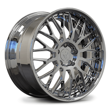 Custom forged deep dish chrome wheels designed for Mustang; 17-26" sizes, max concavity for brake clearance.